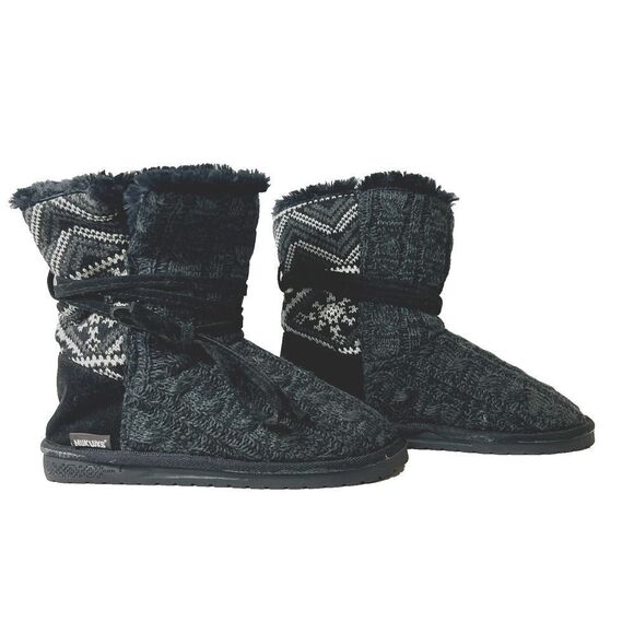 Mukluks Cable Knit Weave Black Fabric Boot Womens 9 Mid Calf Pull On Flat Bootie - Picture 1 of 11